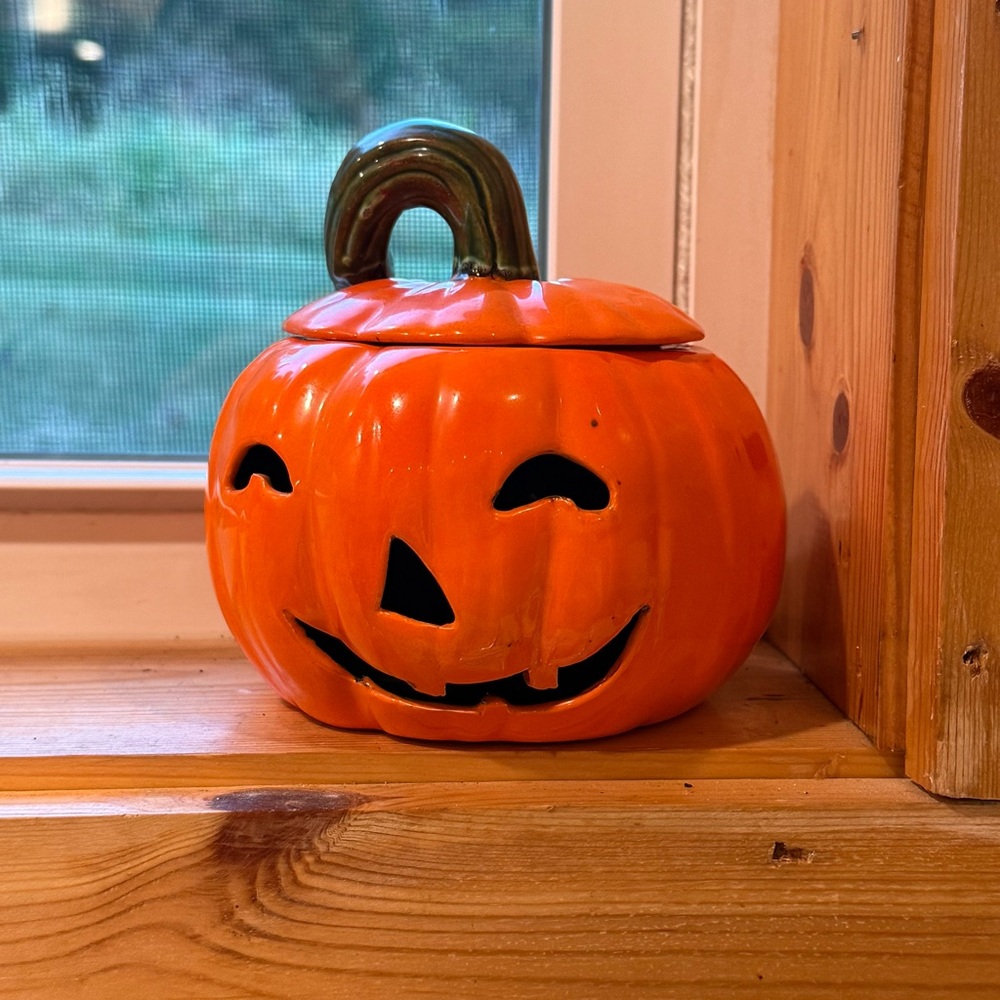 Vintage 1970s Ceramic Jack-O’-Lantern Pumpkin Candle Holder Halloween Spooky
